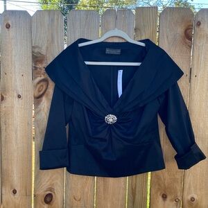 KM COLLECTION OFF SHOULDER FORMAL BLOUSE WITH CRYSTAL BROOCH BLACK L